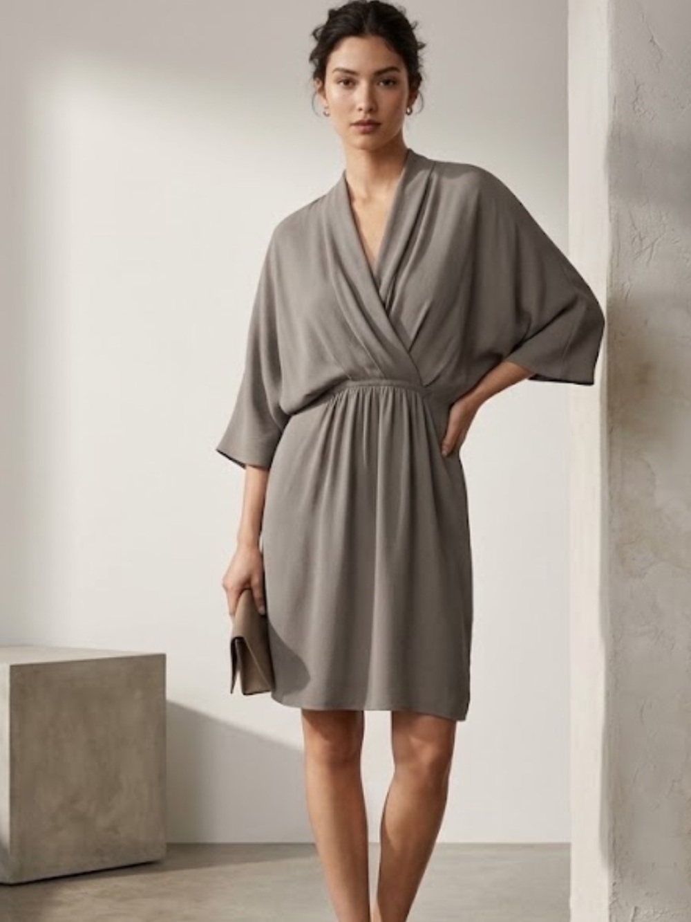 Aritzia Babaton Taupe Silk Batwing Dress Kimono Faux Wrap medium
